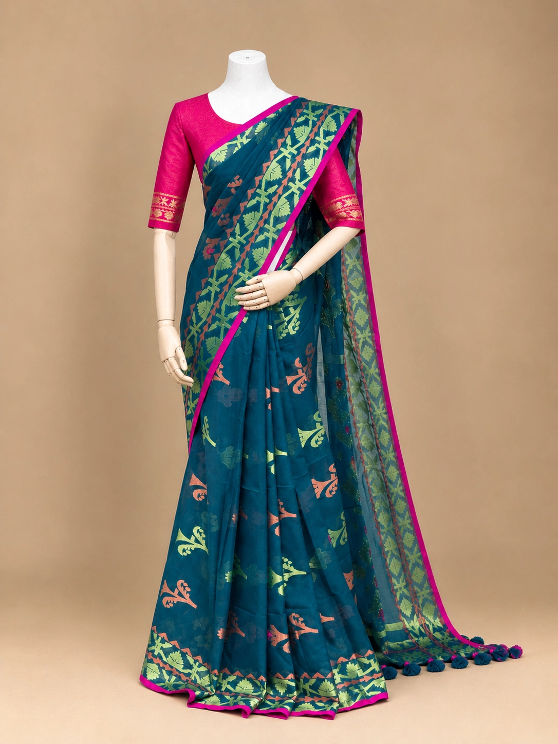 Peacock Blue & Hot Pink Jamdani Motif Saree