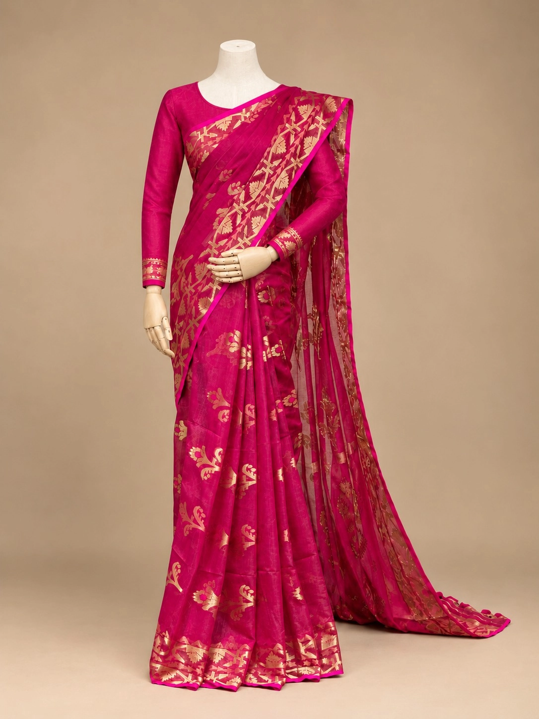 Premium Rani Pink & Golden Jamdani Motif Saree