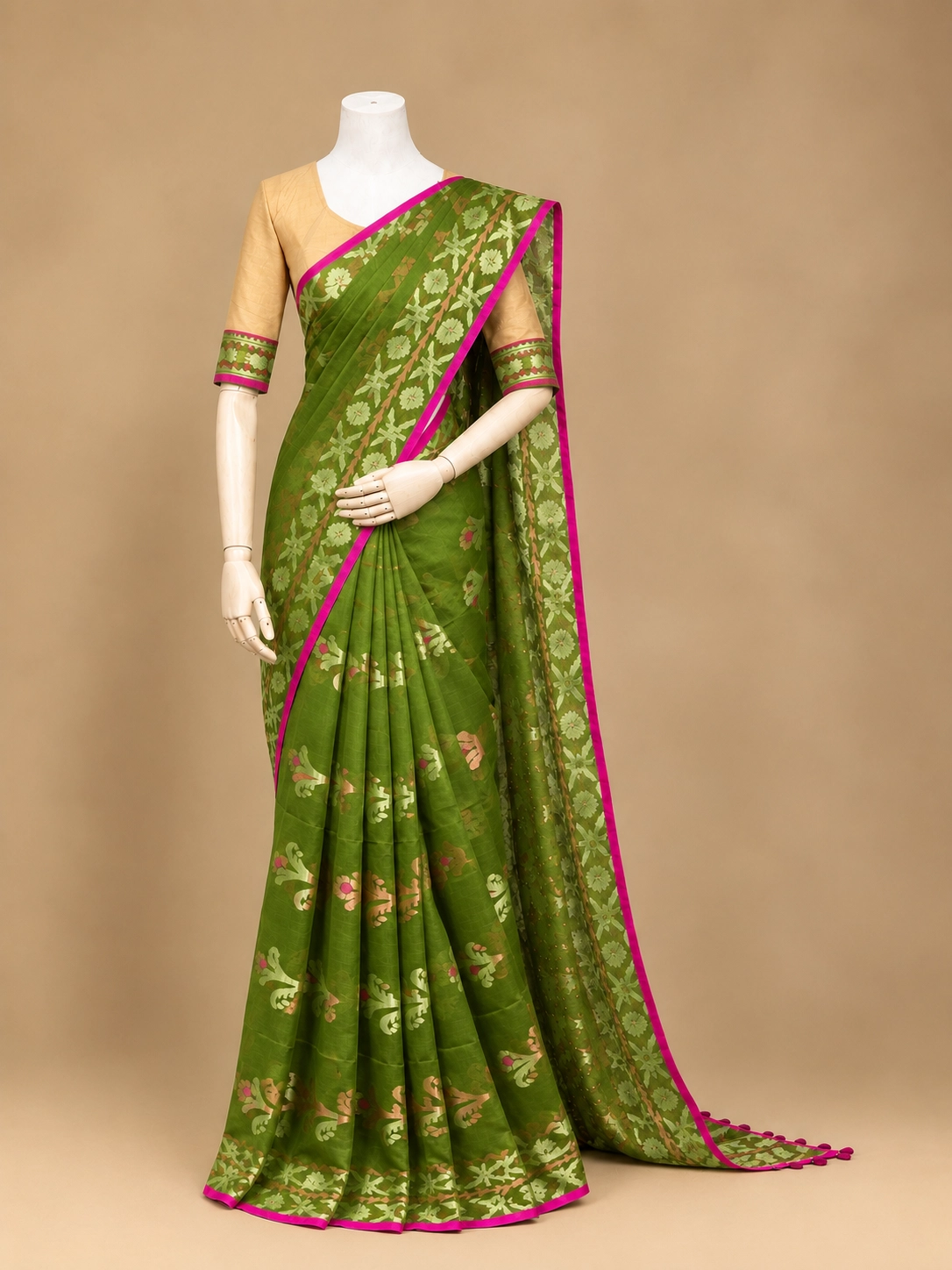 Olive Green Jamdani Motif Saree with Magenta Border