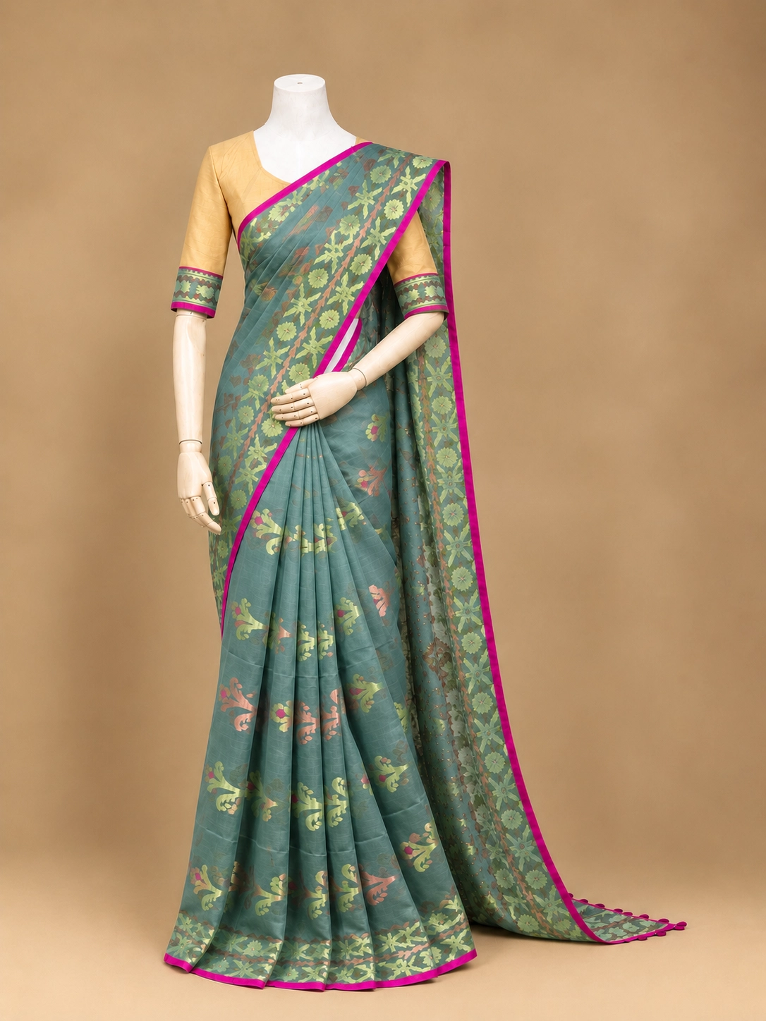 Teal Green Jamdani Motif Saree with Golden & Magenta Border