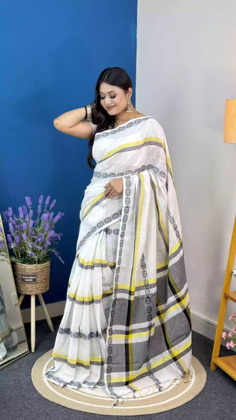 White Mustard & Charcoal Grey Arong Cotton Saree