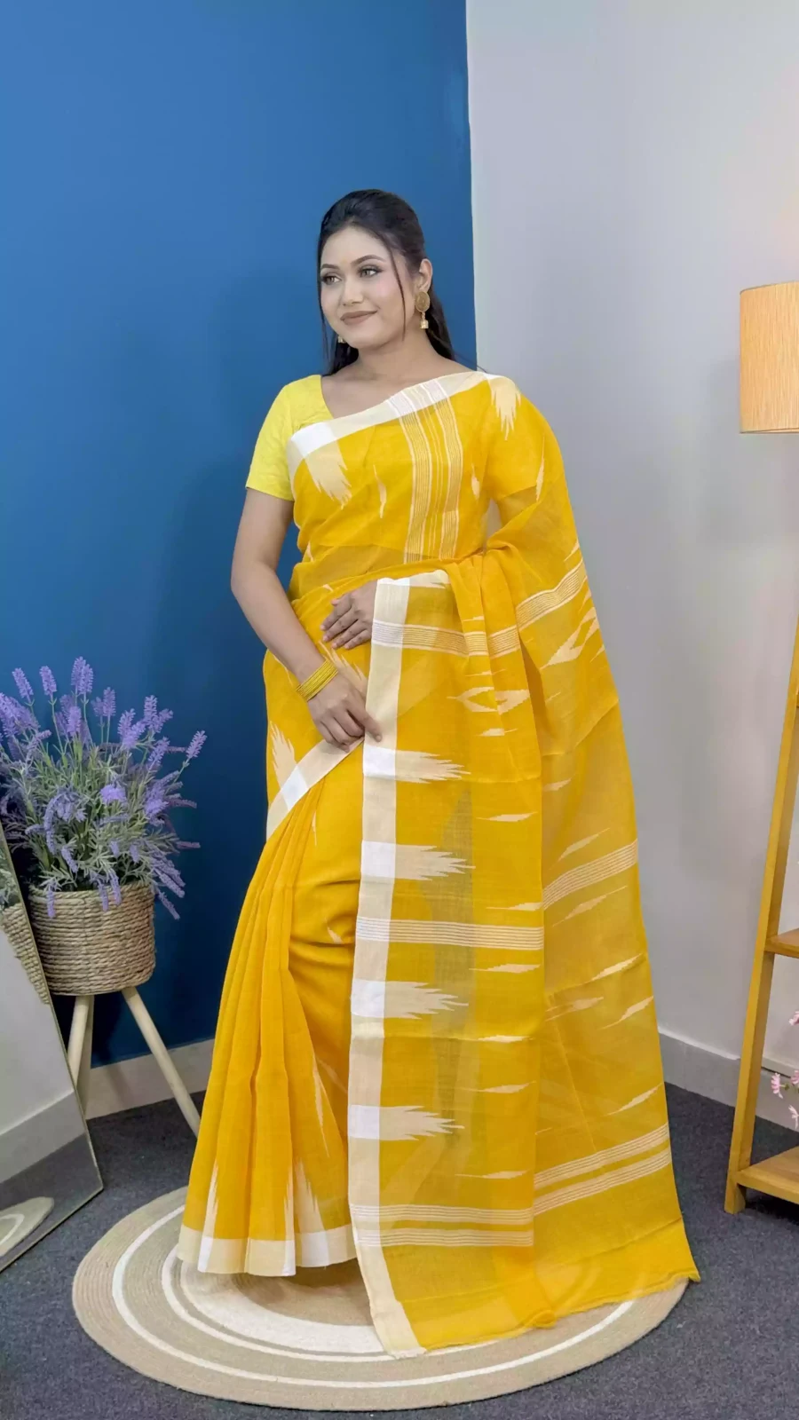 Mustard Yellow & White Par Manipuri Saree