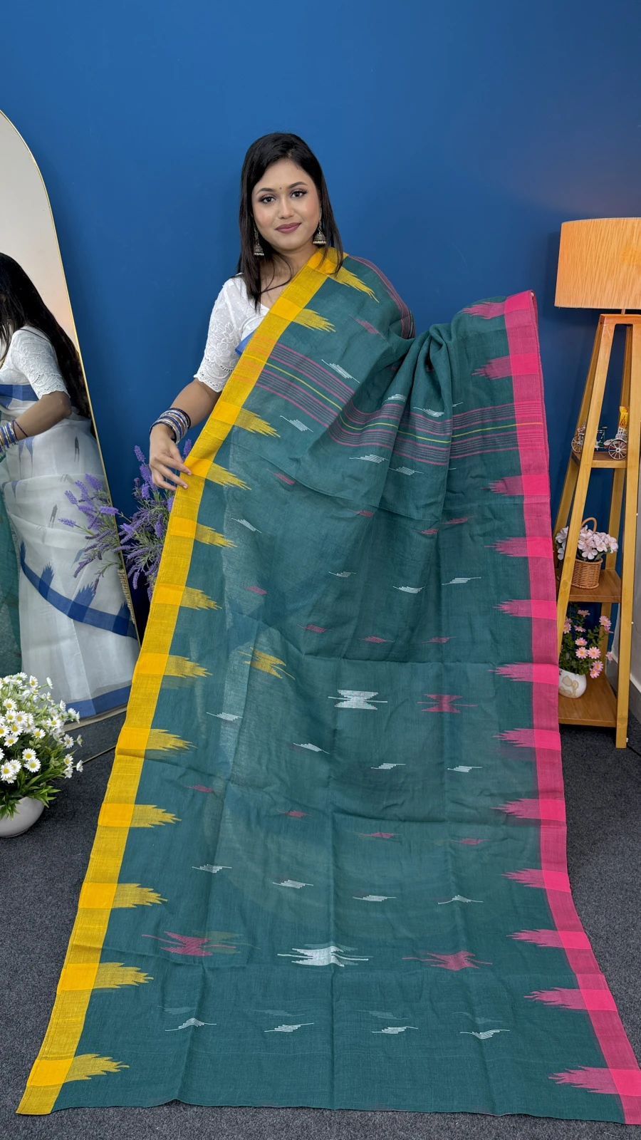 Teal Green & Hot Pink Sylheti Monipuri Saree
