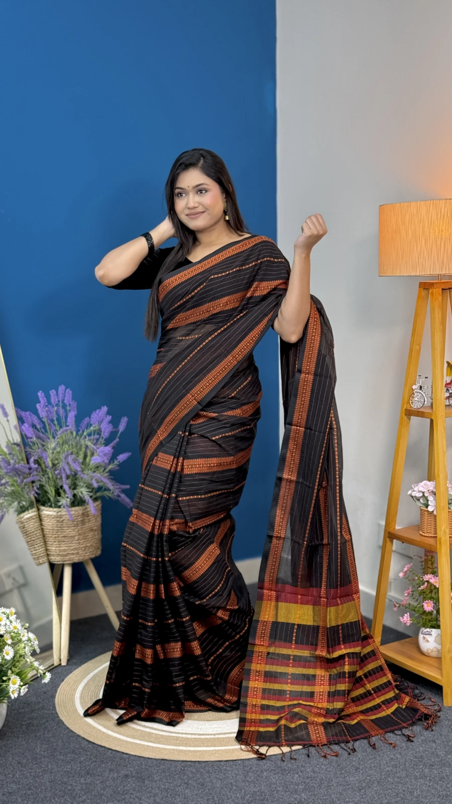 Black & Rust Orange Arong Cotton Saree