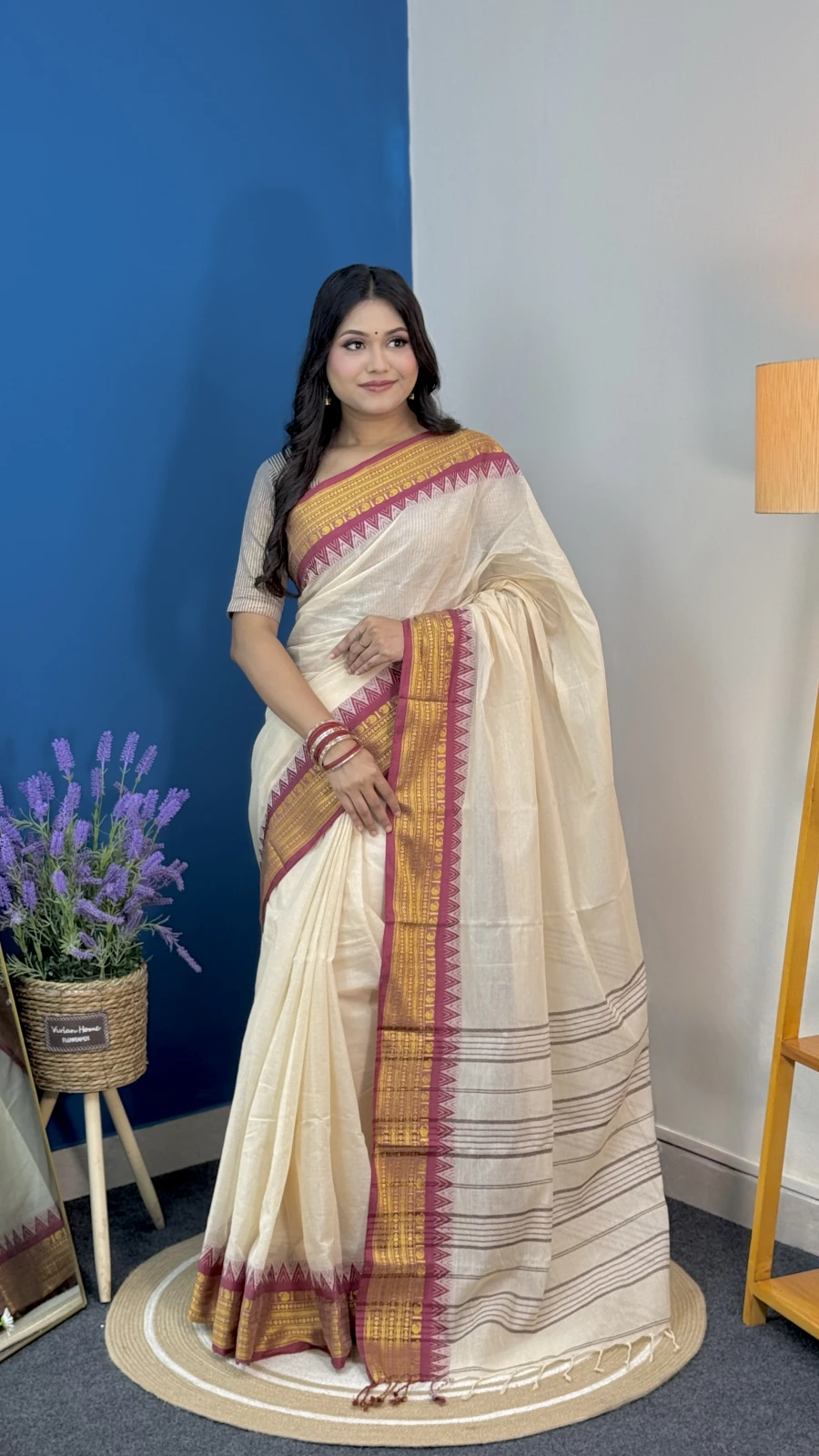 Elegant Off-White & Maroon Aarong  Cotton Saree