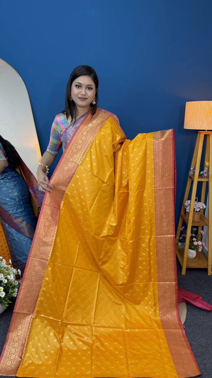 Mustard-Yellow Katan Saree (Red & Gold Border)