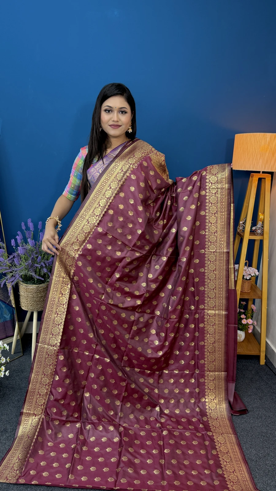 Plum-Purple Katan Saree (Gold Border)