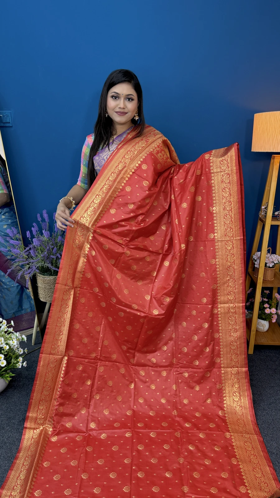 Crimson-Red Katan Saree (Gold Border)