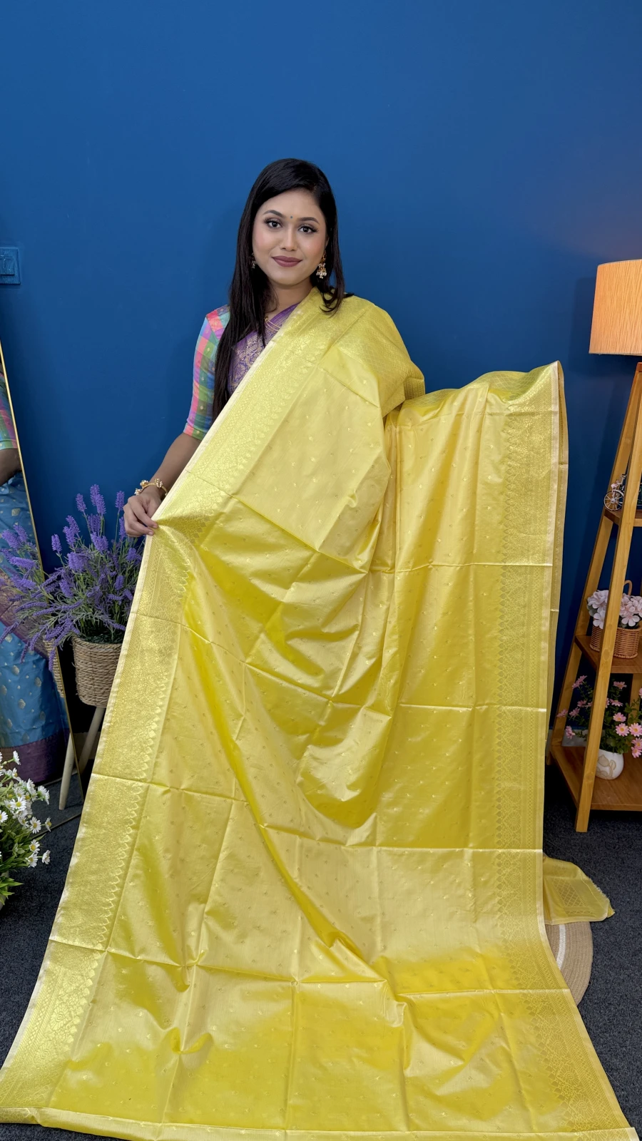 Lemon-Yellow Katan Saree (Gold Zari Border)