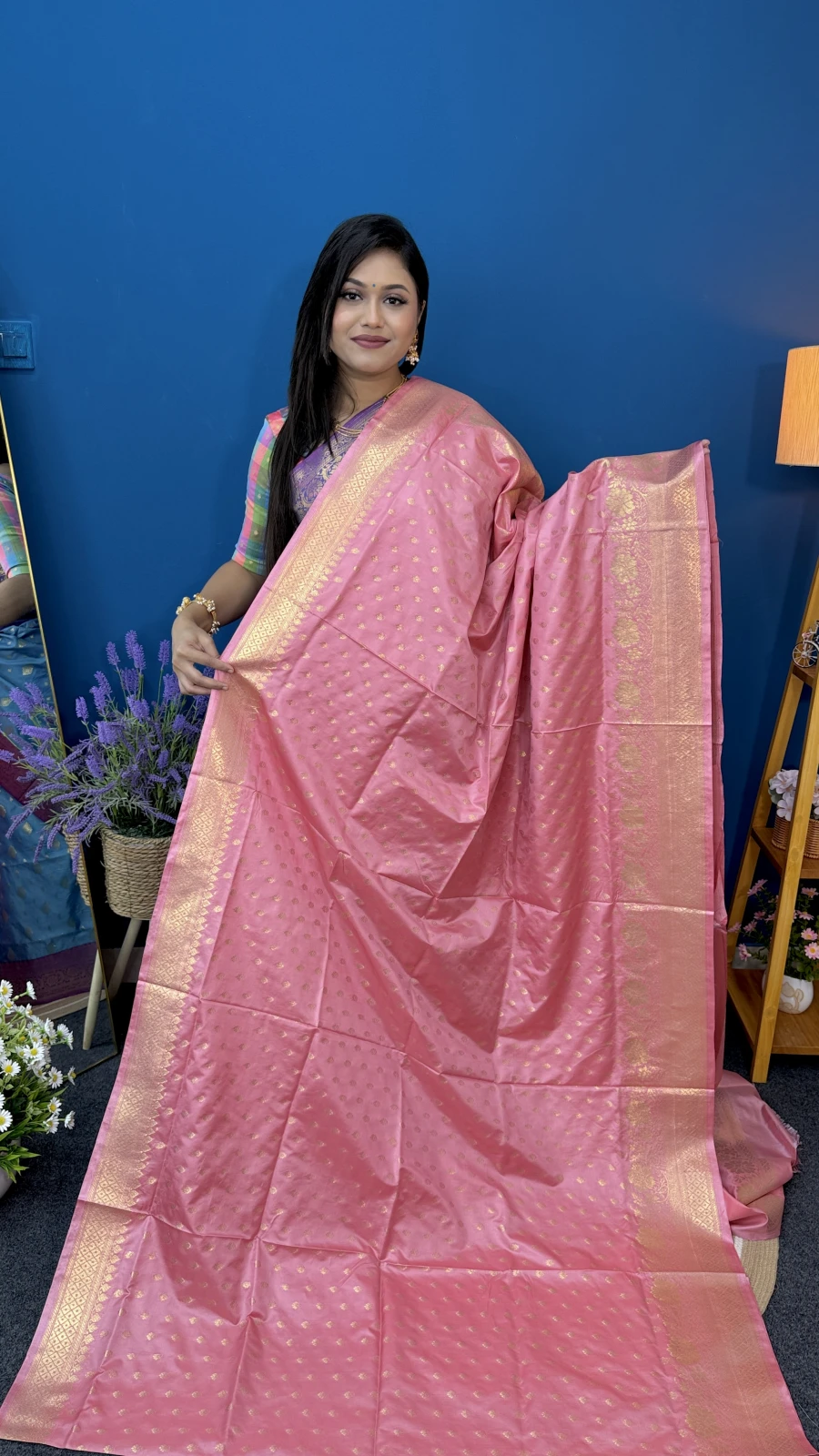 Baby-Pink Katan Saree (Gold Zari Border)