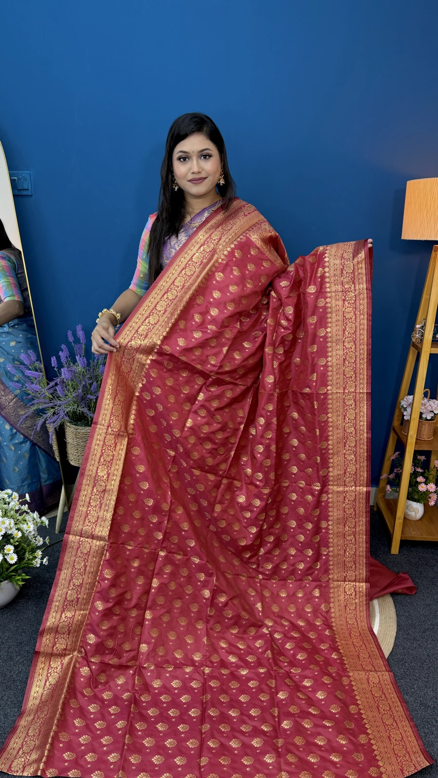 Magenta-Pink Katan Saree (Gold Border)