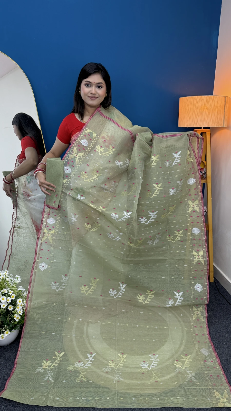 Soothing Olive Green Dhakai Jamdani Saree