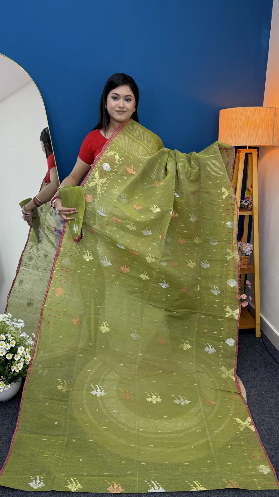 Premium Olive Green Dhakai Jamdani Saree