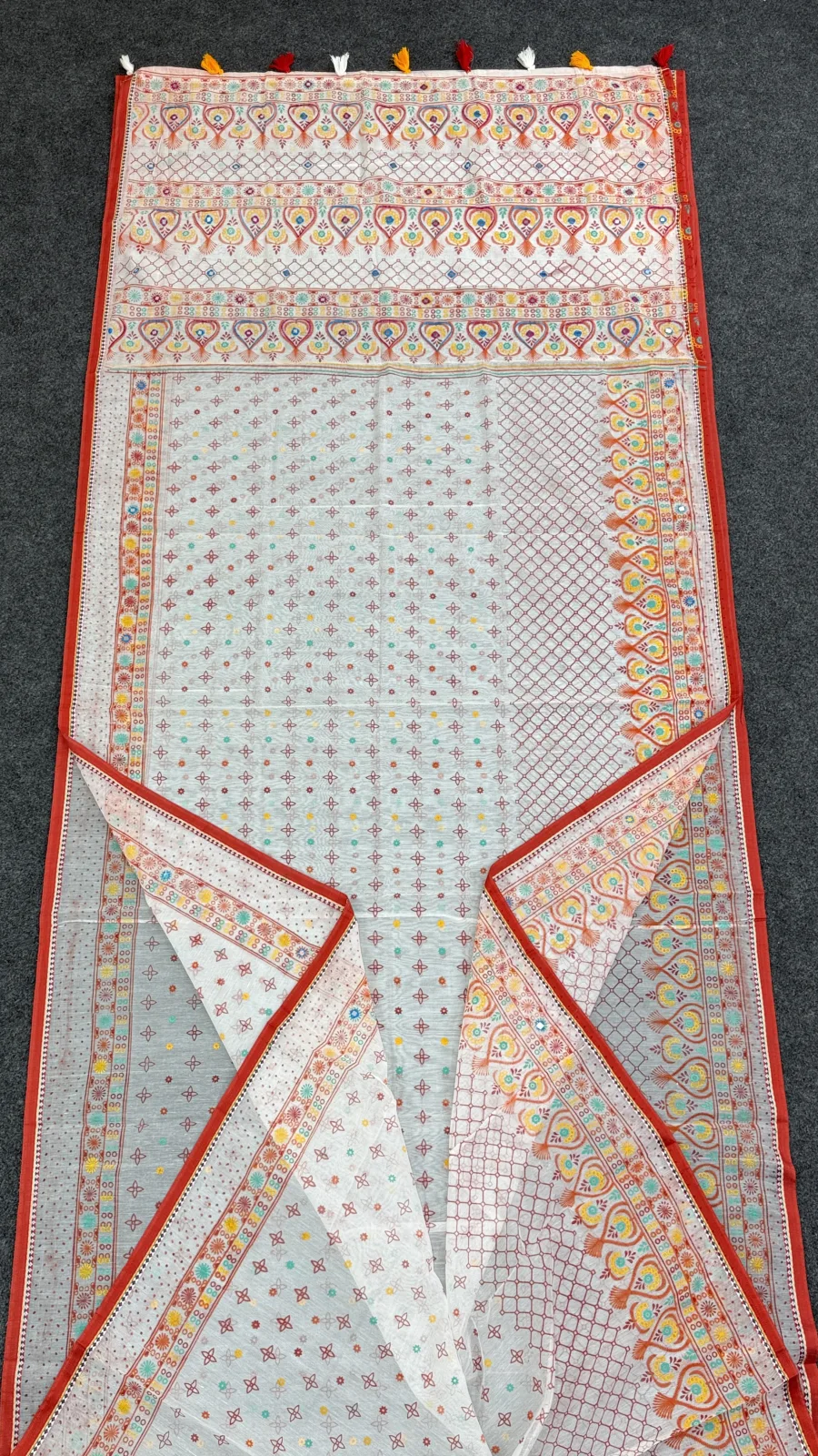 Off-White Embroidery & Screen Print Cotton Saree