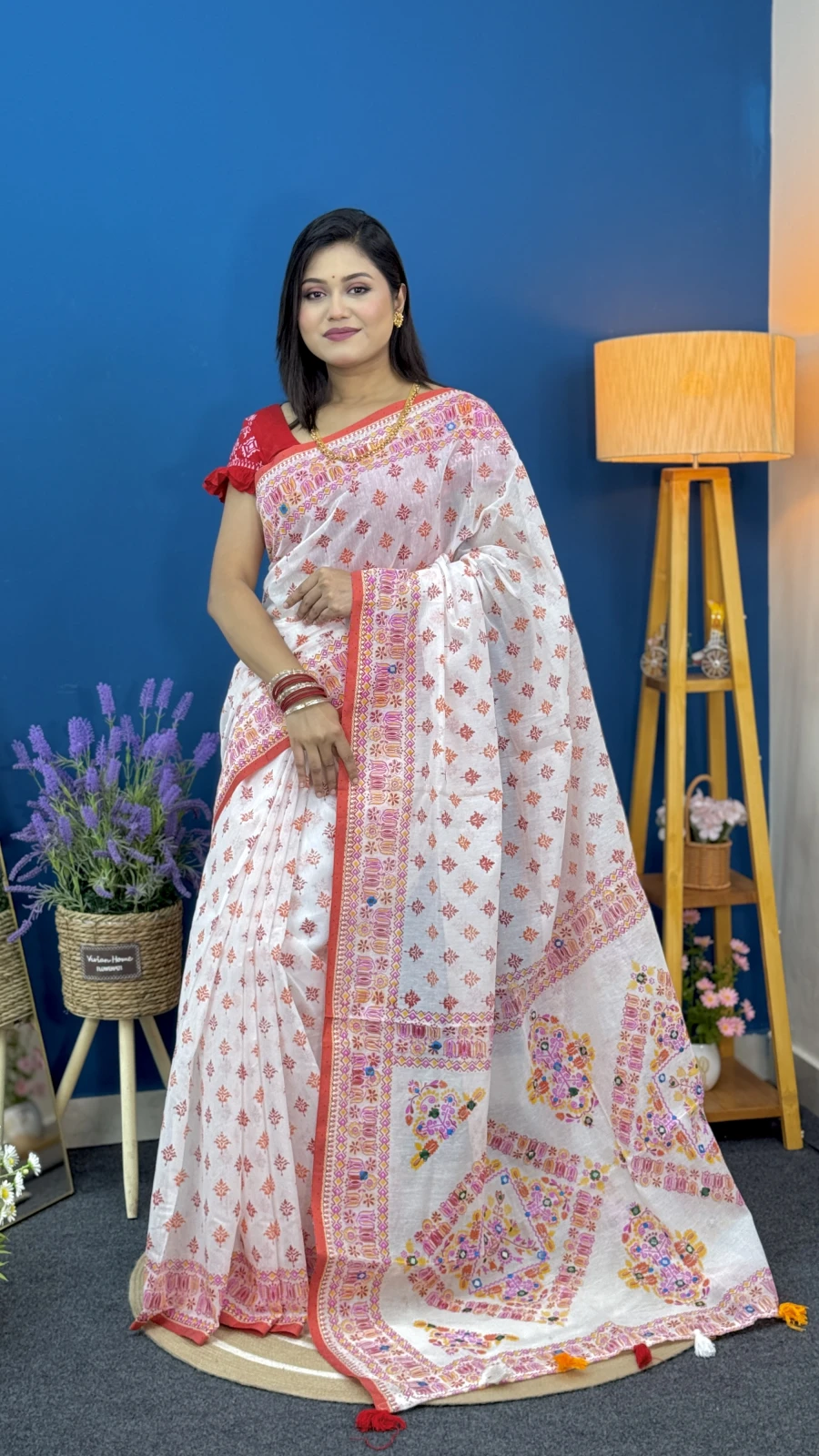 Sharadiya Shubhra Off-White Embroidery & Screen Print Cotton Saree