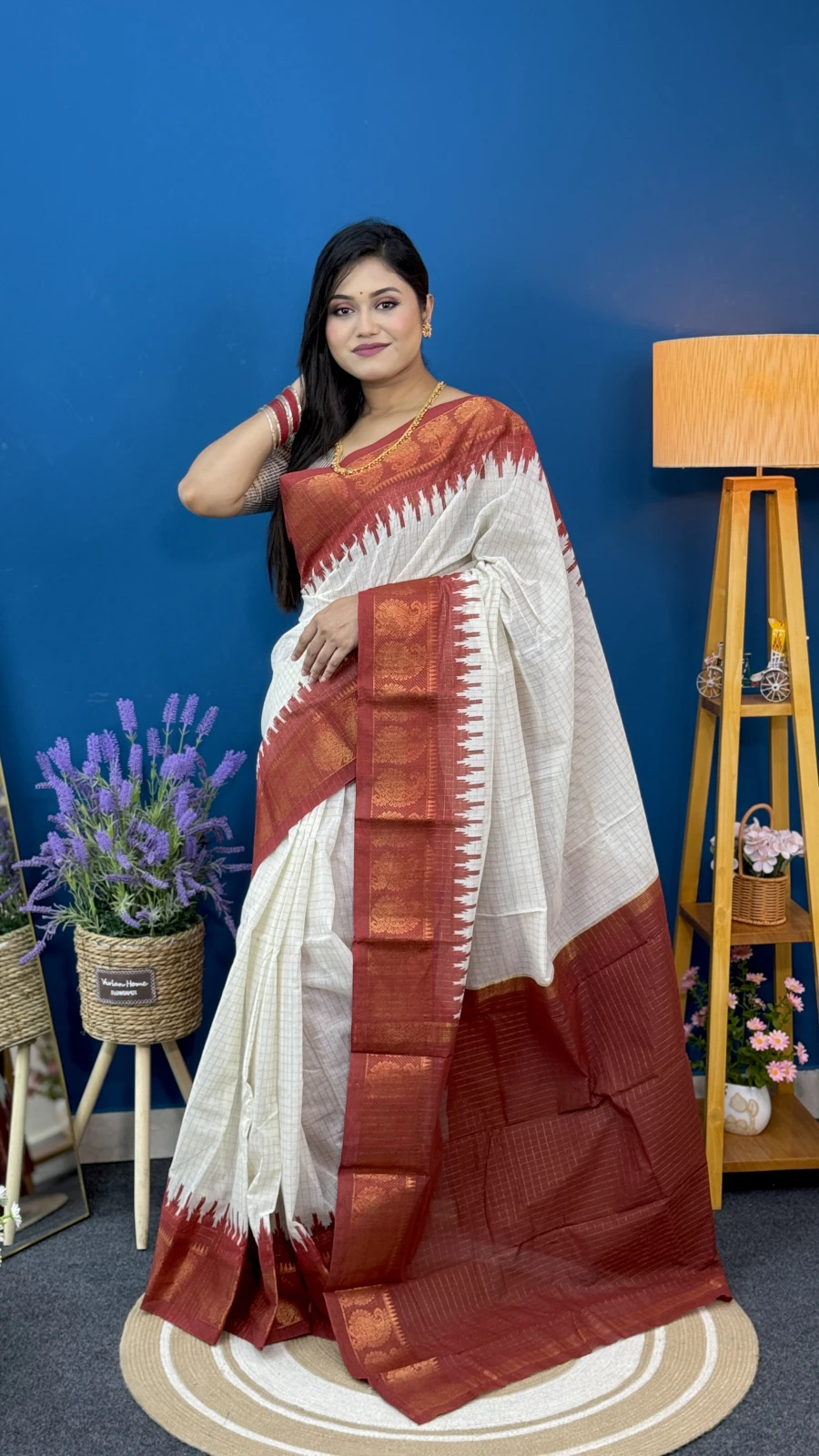 Off-White & Maroon Border Madurai Cotton Saree
