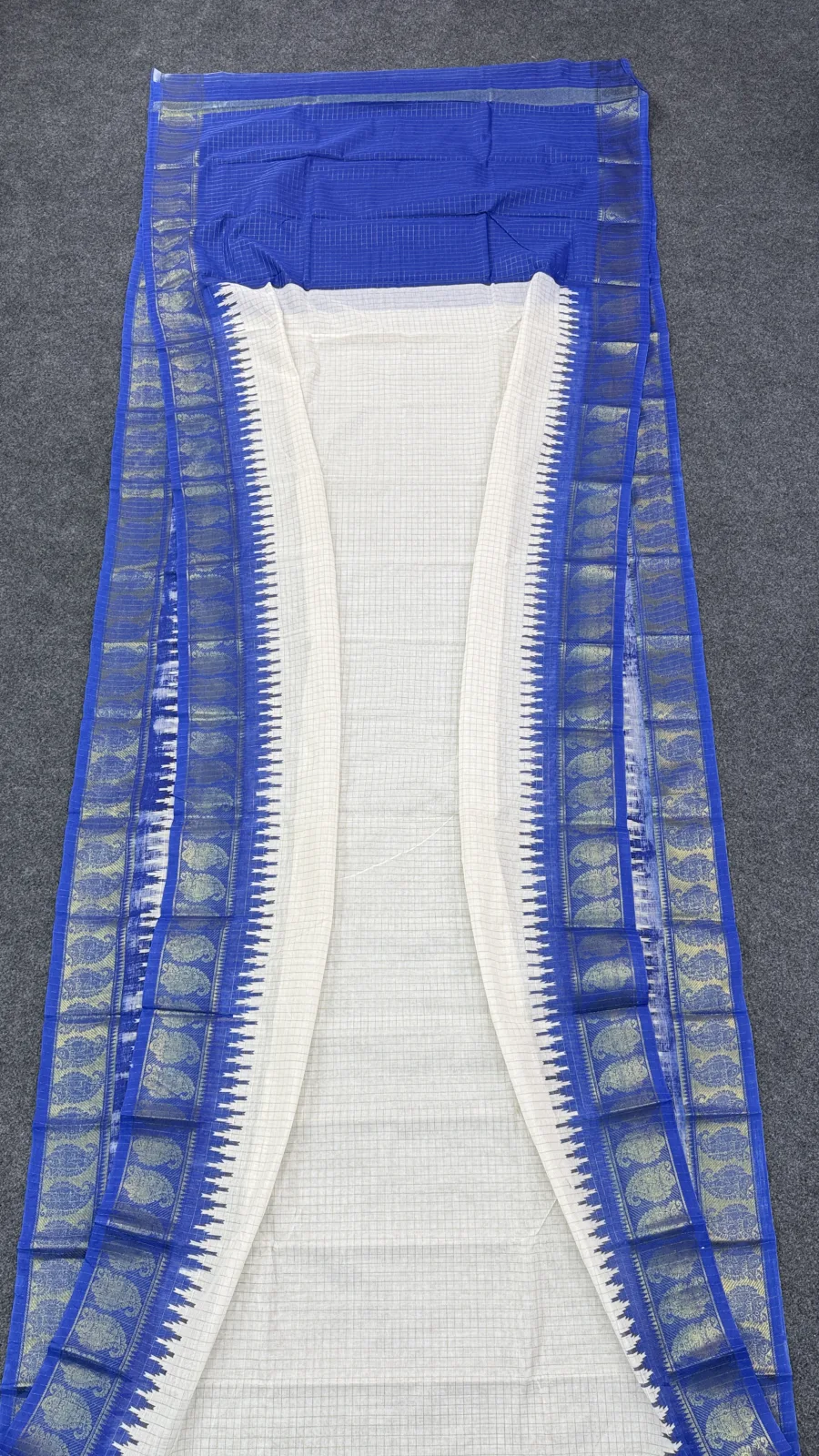 Off-White & Royal Blue Border Madurai Cotton Saree