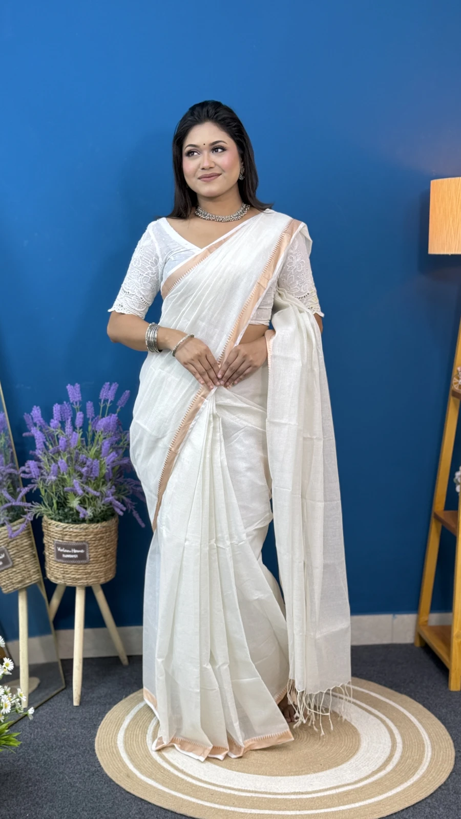 Off-White Kota Cotton Saree with Peach Border