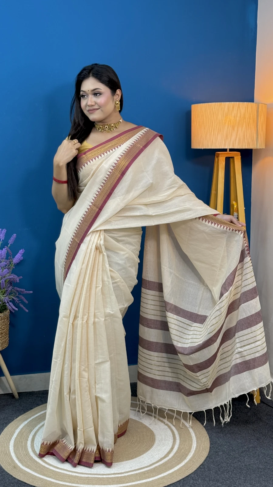 Off-White Cotton Saree with Pink Temple Border