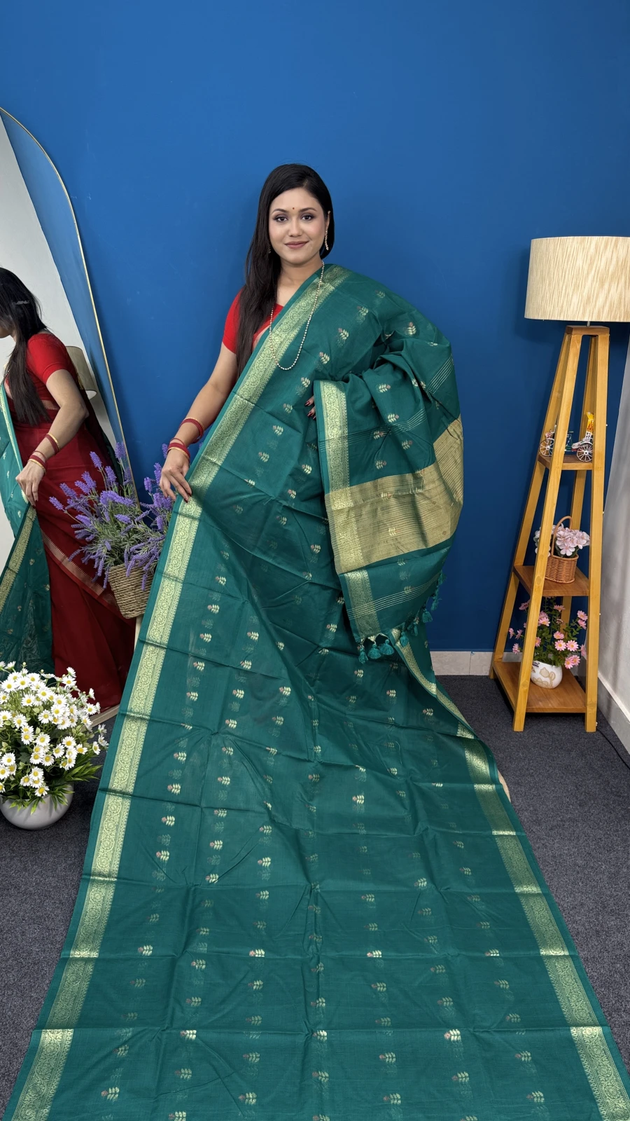 Teal Green Kosturi Cotton Saree with Golden Border
