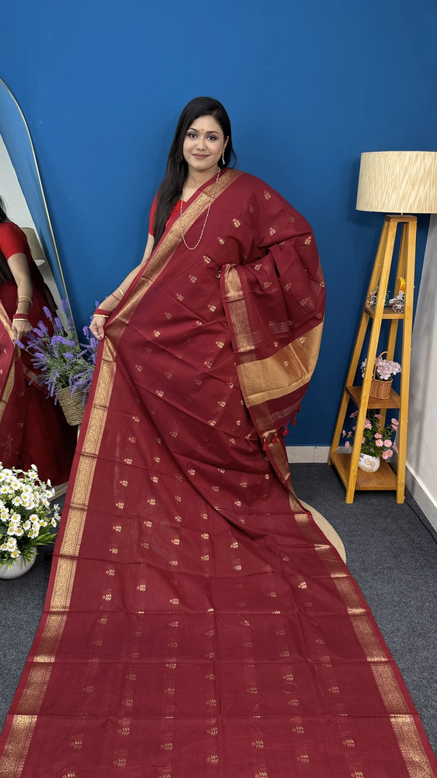 Maroon Kosturi Cotton Saree with Golden Border
