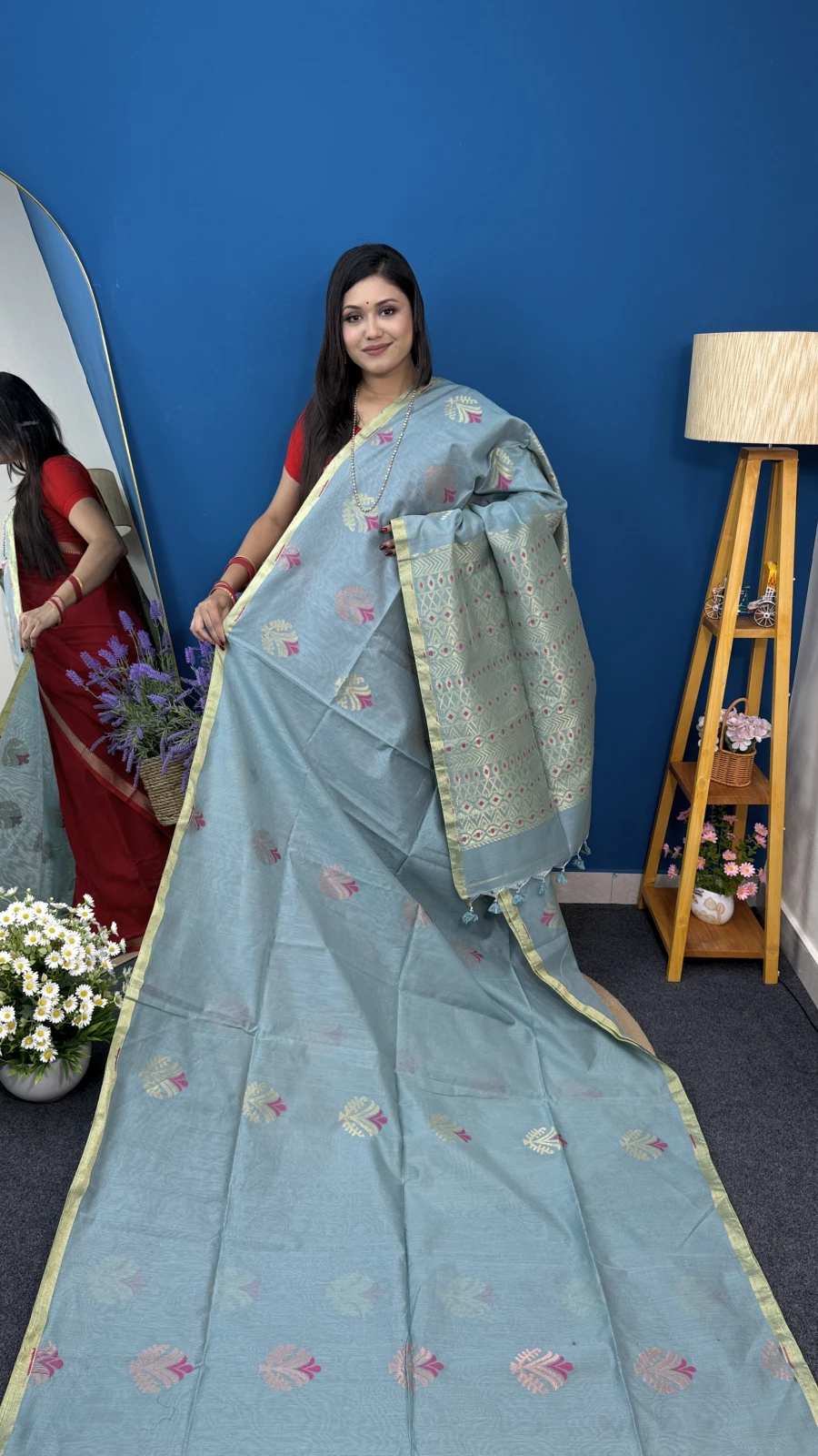 Sky Blue Jamdani Motif Saree with Mint Pallu