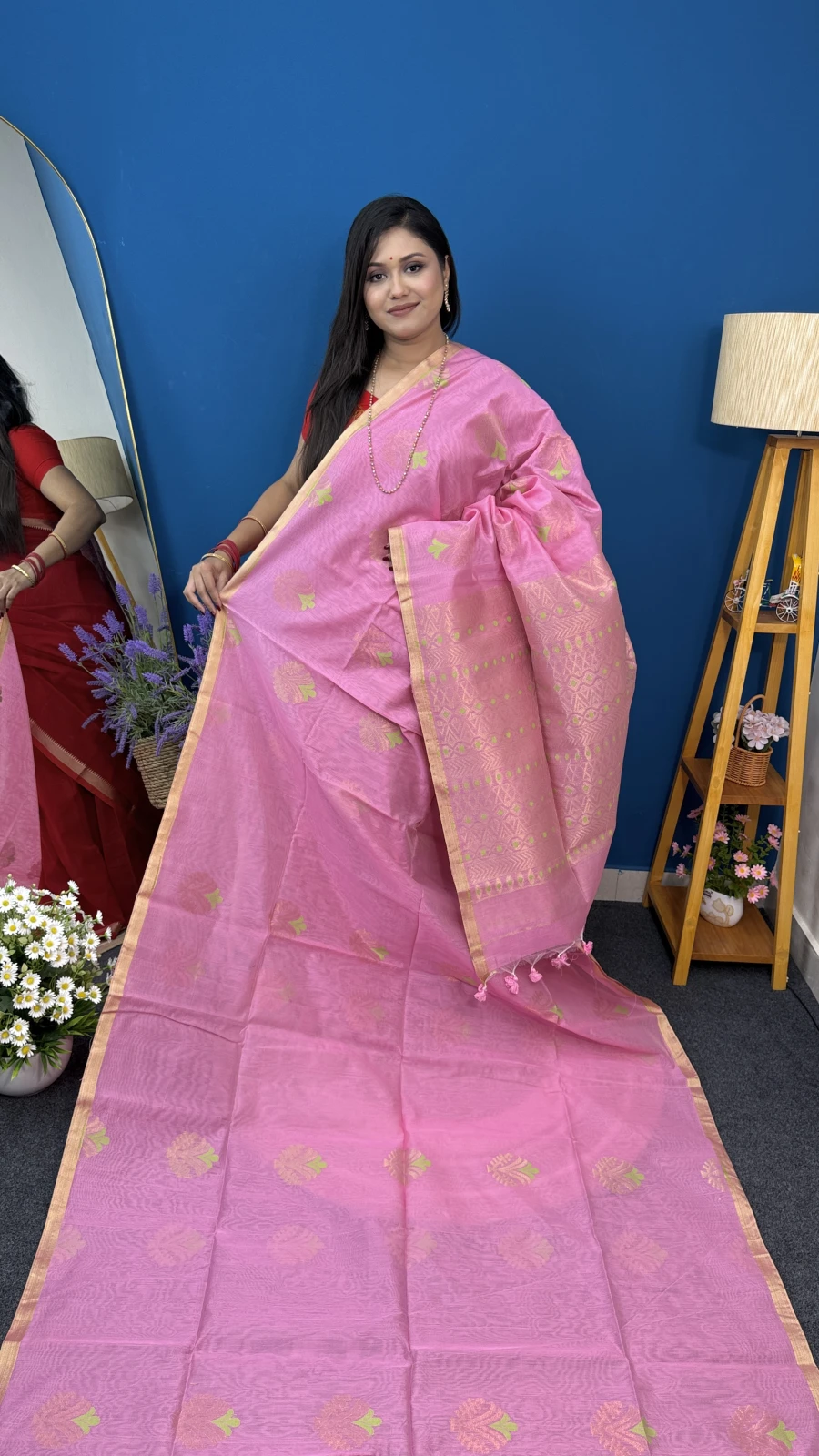 Pink Jamdani Motif Saree with Golden Weave