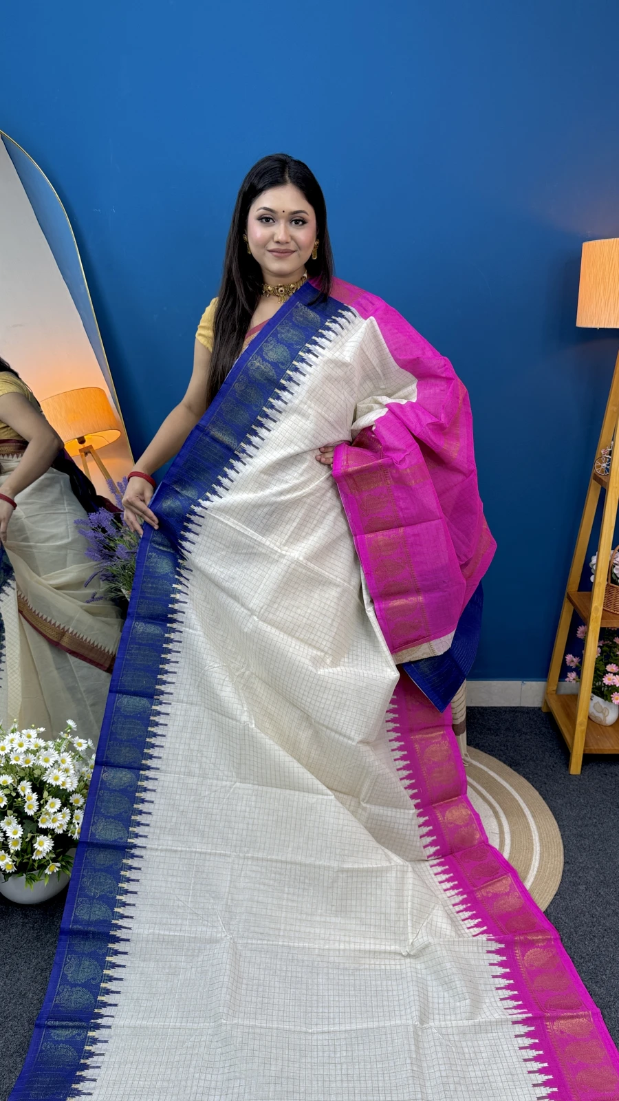 Off-White Checked Madurai Cotton Saree with Magenta & Blue Border