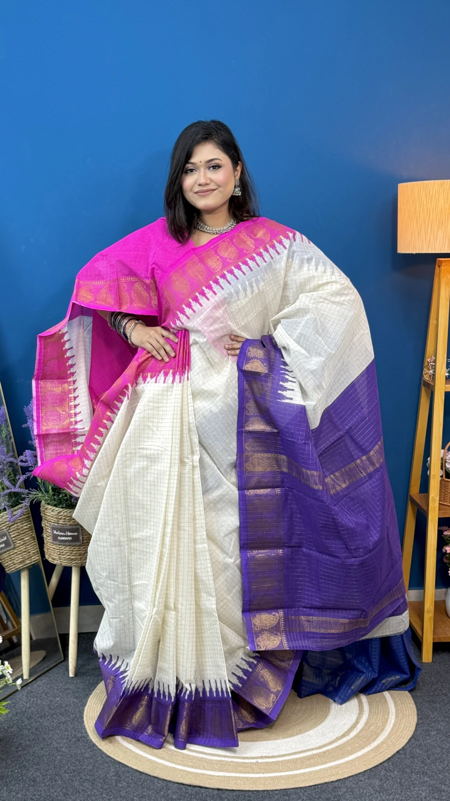 Off-White Checked Madurai Cotton Saree with Magenta & Purple Border