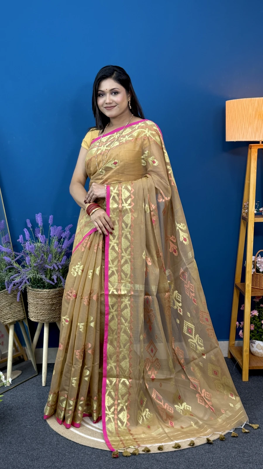 Olive Khaki Jamdani Motif Saree with Golden & Magenta Border