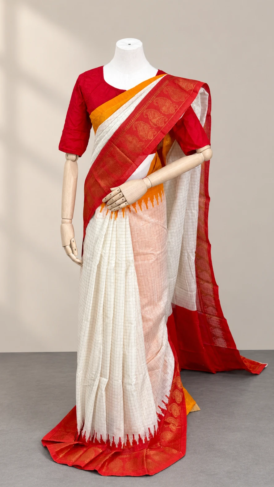 Off-White Checked Madurai Cotton Saree with Orange & Red Border