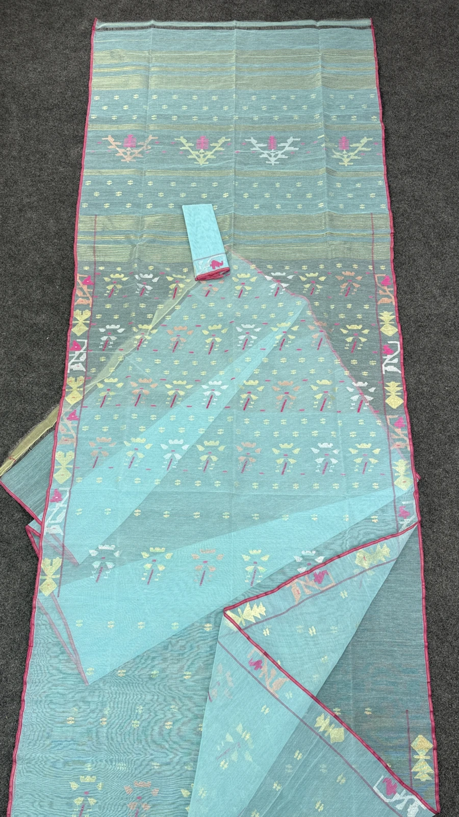 Aqua Blue Jamdani Saree with Golden Motifs